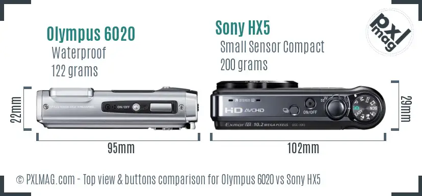 Olympus 6020 vs Sony HX5 top view buttons comparison