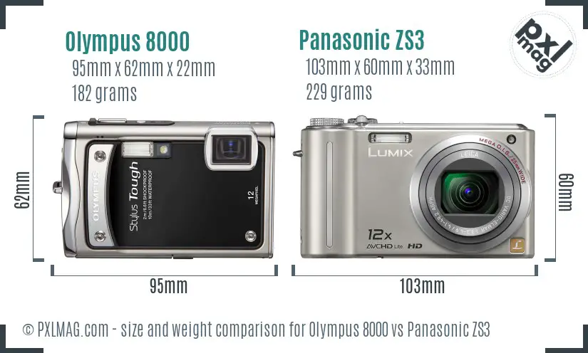 Olympus 8000 vs Panasonic ZS3 size comparison