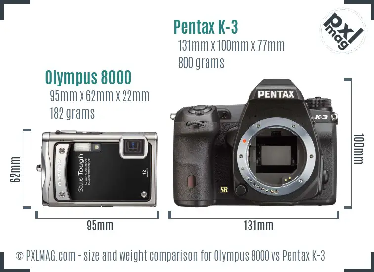 Olympus 8000 vs Pentax K-3 size comparison