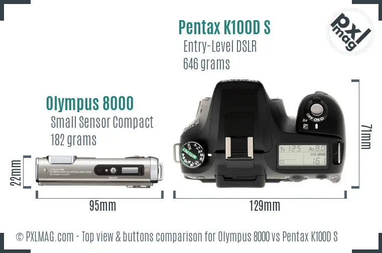 Olympus 8000 vs Pentax K100D S top view buttons comparison Olympus 8000 vs Pentax K100D S top view buttons comparison