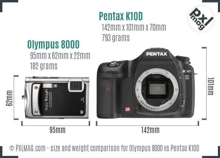 Olympus 8000 vs Pentax K10D size comparison