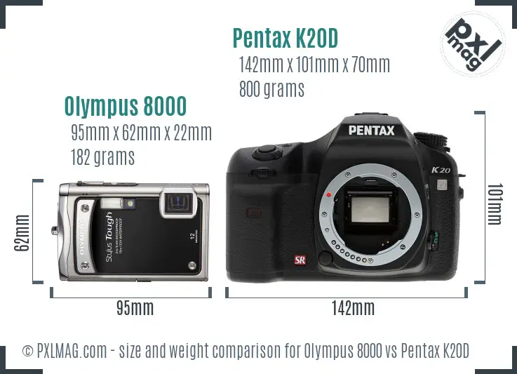 Olympus 8000 vs Pentax K20D size comparison