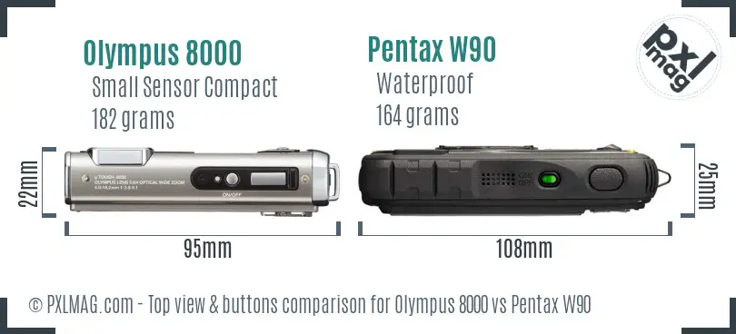 Olympus 8000 vs Pentax W90 top view buttons comparison