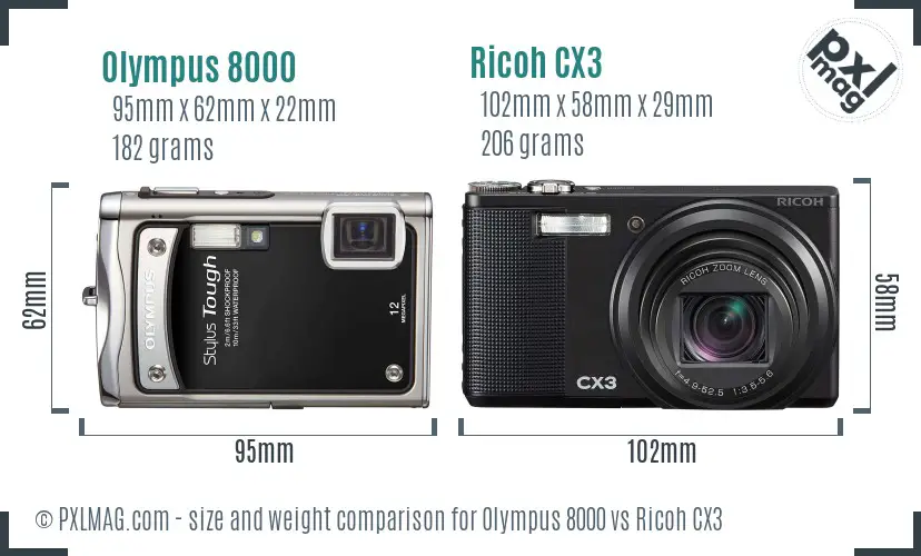 Olympus 8000 vs Ricoh CX3 size comparison