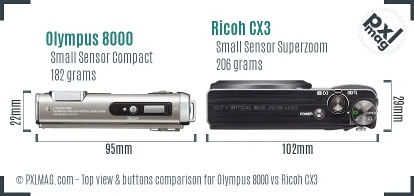 Olympus 8000 vs Ricoh CX3 top view buttons comparison