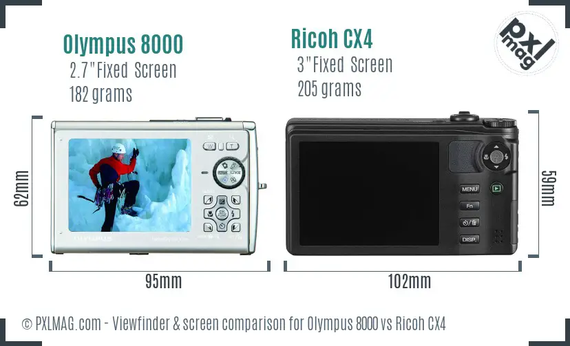 Olympus 8000 vs Ricoh CX4 Screen and Viewfinder comparison Olympus 8000 vs Ricoh CX4 Screen and Viewfinder comparison
