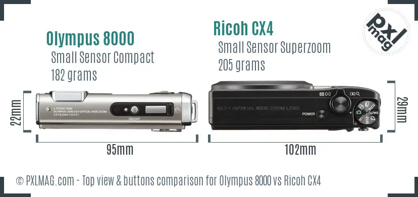Olympus 8000 vs Ricoh CX4 top view buttons comparison Olympus 8000 vs Ricoh CX4 top view buttons comparison