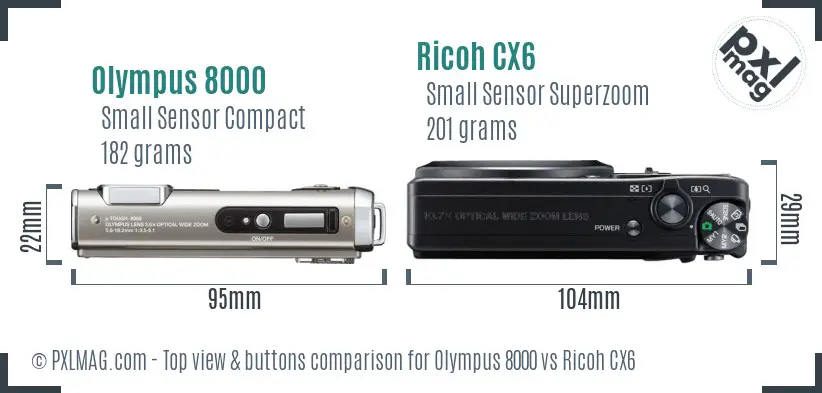 Olympus 8000 vs Ricoh CX6 top view buttons comparison