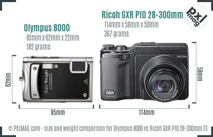 Olympus 8000 vs Ricoh GXR P10 28-300mm F3.5-5.6 VC size comparison