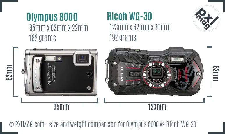 Olympus 8000 vs Ricoh WG-30 size comparison