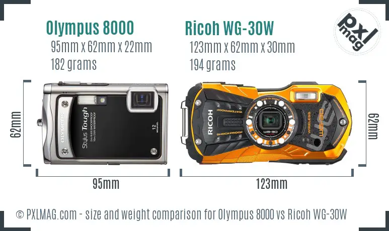 Olympus 8000 vs Ricoh WG-30W size comparison