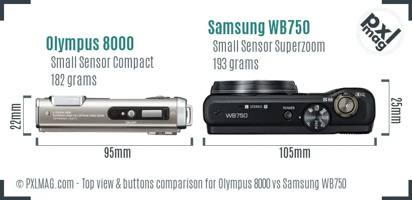 Olympus 8000 vs Samsung WB750 top view buttons comparison Olympus 8000 vs Samsung WB750 top view buttons comparison