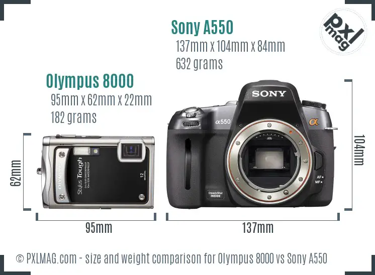 Olympus 8000 vs Sony A550 size comparison
