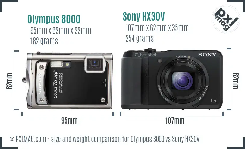 Olympus 8000 vs Sony HX30V size comparison