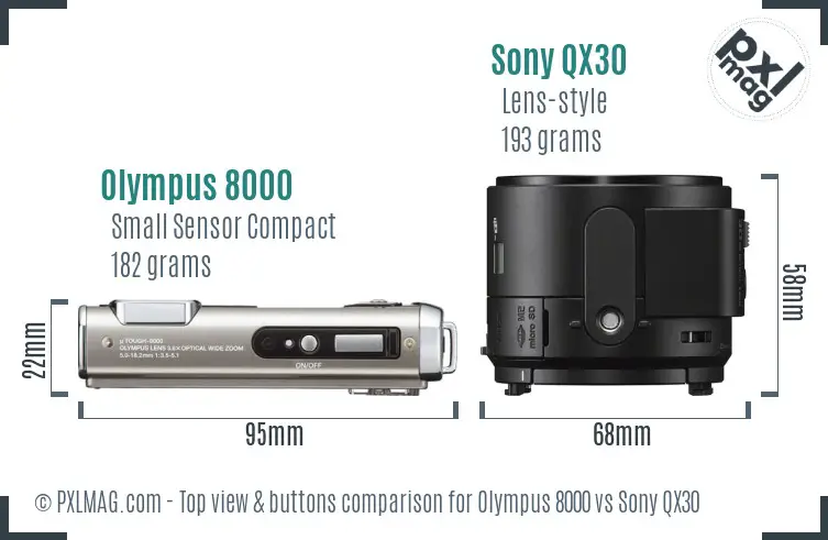 Olympus 8000 vs Sony QX30 top view buttons comparison