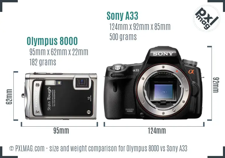 Olympus 8000 vs Sony A33 size comparison