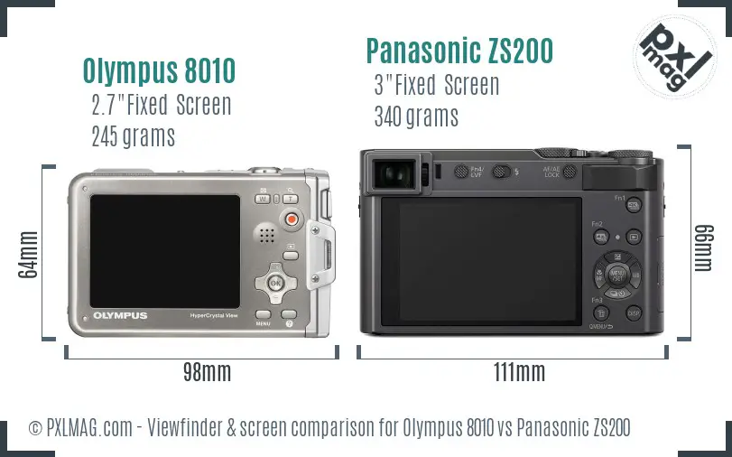 Olympus 8010 vs Panasonic ZS200 Screen and Viewfinder comparison