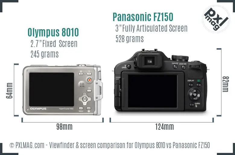 Olympus 8010 vs Panasonic FZ150 Screen and Viewfinder comparison