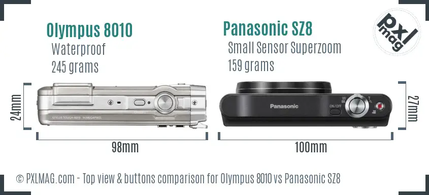 Olympus 8010 vs Panasonic SZ8 top view buttons comparison Olympus 8010 vs Panasonic SZ8 top view buttons comparison