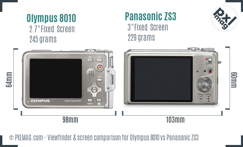 Olympus 8010 vs Panasonic ZS3 Screen and Viewfinder comparison