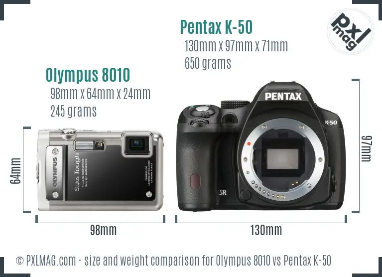 Olympus 8010 vs Pentax K-50 size comparison