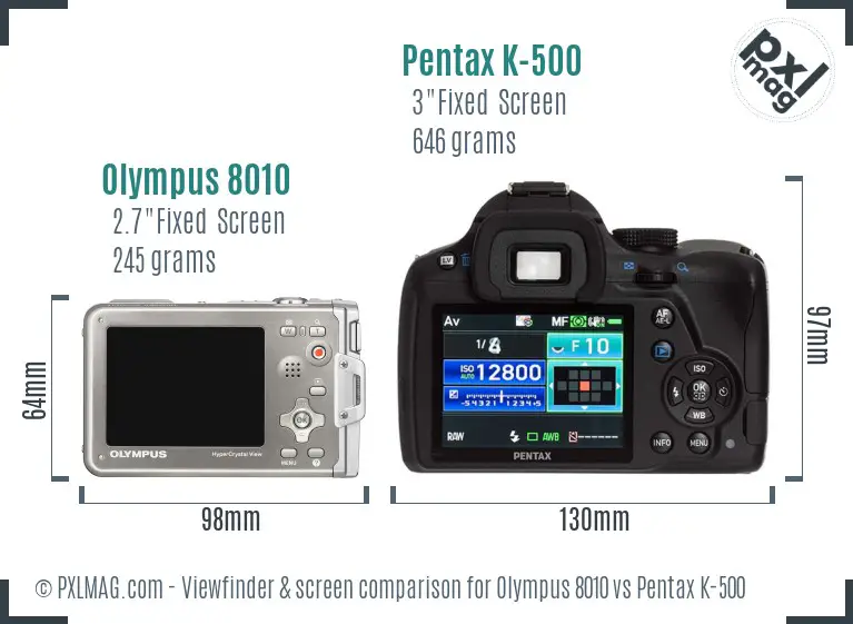 Olympus 8010 vs Pentax K-500 Screen and Viewfinder comparison