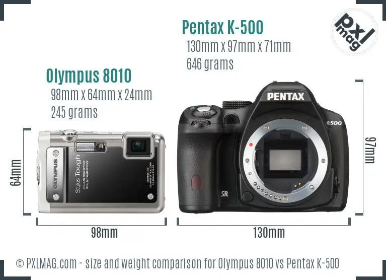 Olympus 8010 vs Pentax K-500 size comparison