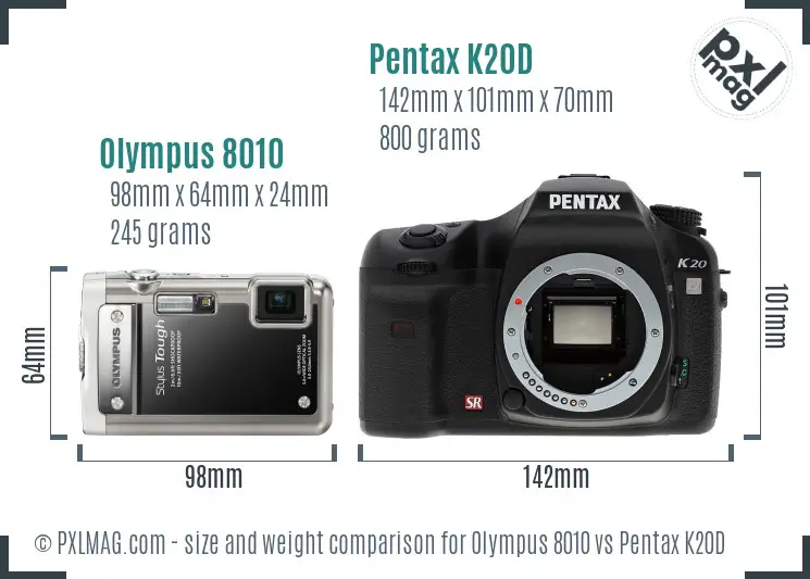 Olympus 8010 vs Pentax K20D size comparison