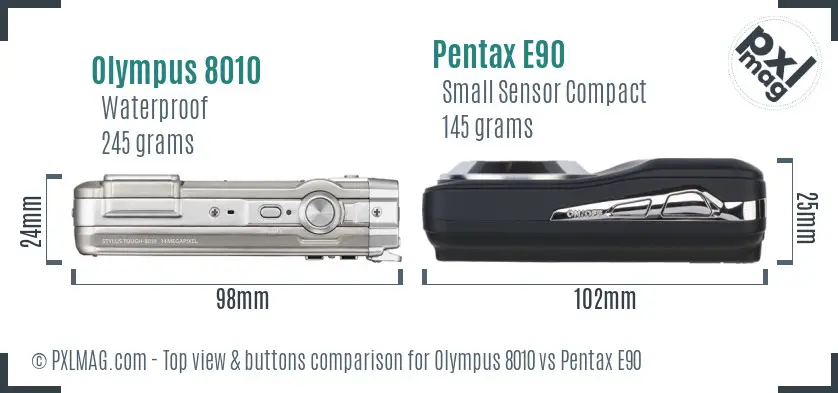 Olympus 8010 vs Pentax E90 top view buttons comparison Olympus 8010 vs Pentax E90 top view buttons comparison