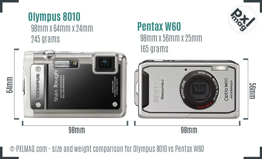 Olympus 8010 vs Pentax W60 size comparison