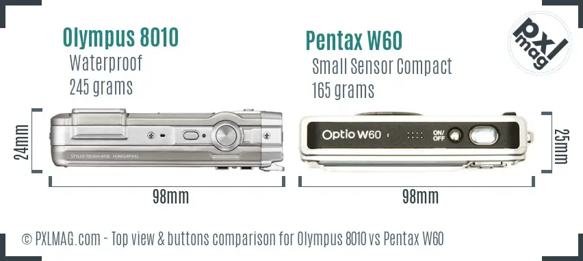 Olympus 8010 vs Pentax W60 top view buttons comparison