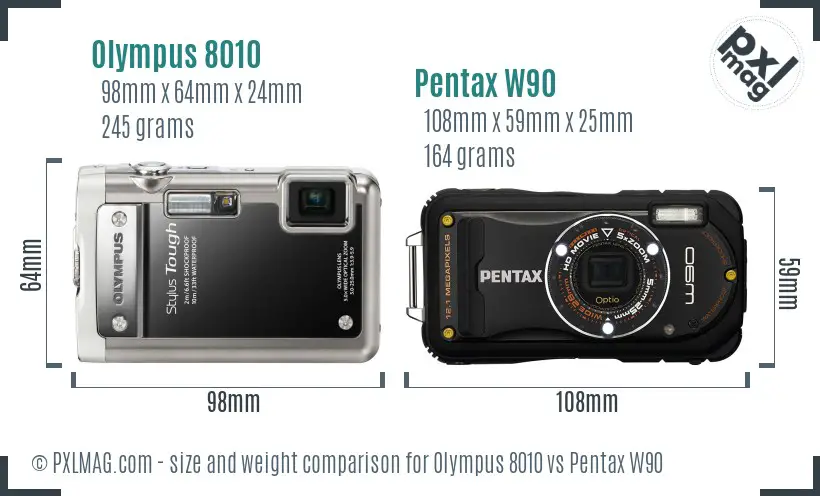 Olympus 8010 vs Pentax W90 size comparison