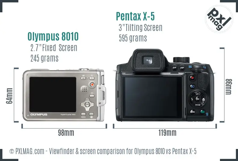 Olympus 8010 vs Pentax X-5 Screen and Viewfinder comparison