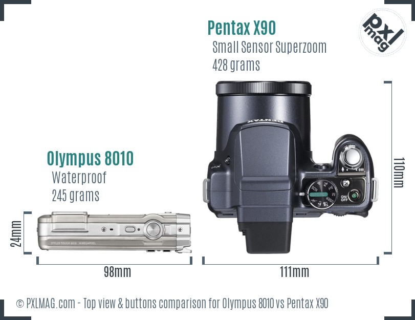 Olympus 8010 vs Pentax X90 top view buttons comparison