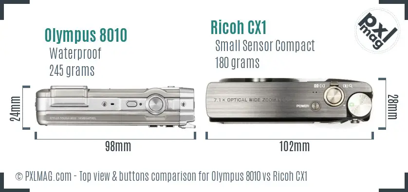 Olympus 8010 vs Ricoh CX1 top view buttons comparison