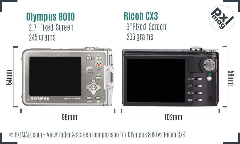 Olympus 8010 vs Ricoh CX3 Screen and Viewfinder comparison