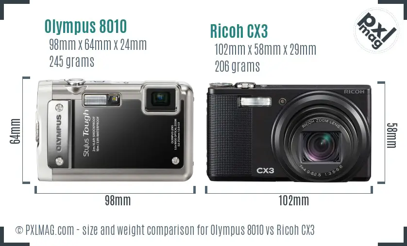 Olympus 8010 vs Ricoh CX3 size comparison