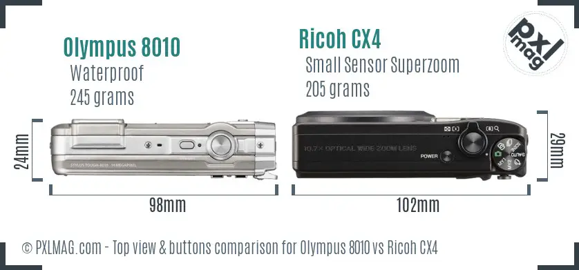 Olympus 8010 vs Ricoh CX4 top view buttons comparison Olympus 8010 vs Ricoh CX4 top view buttons comparison
