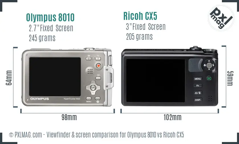 Olympus 8010 vs Ricoh CX5 Screen and Viewfinder comparison