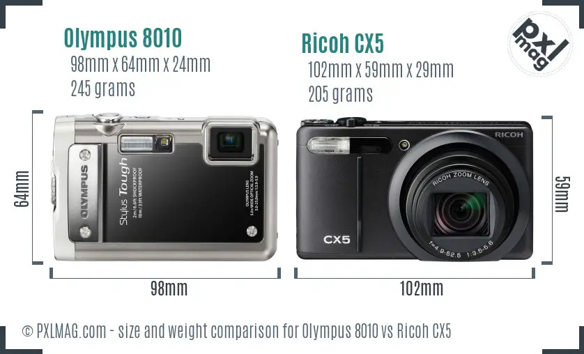 Olympus 8010 vs Ricoh CX5 size comparison