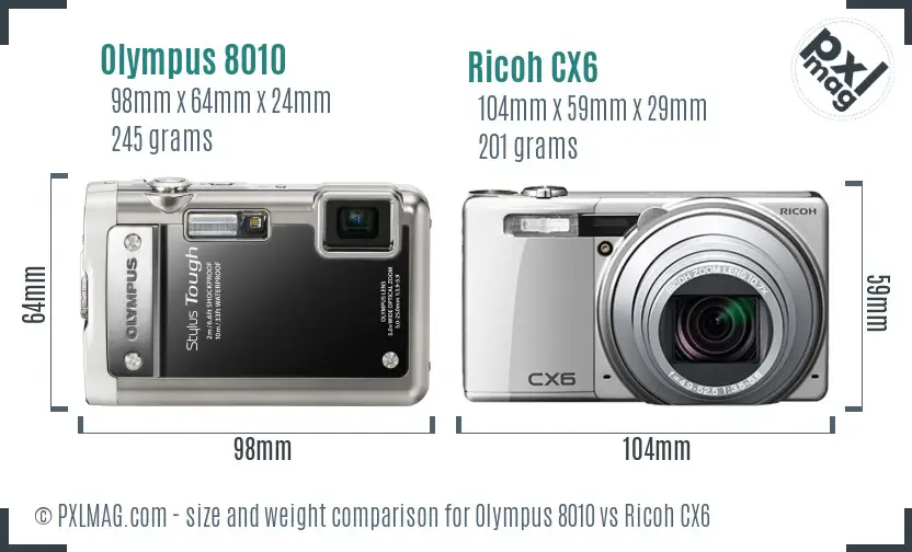 Olympus 8010 vs Ricoh CX6 size comparison