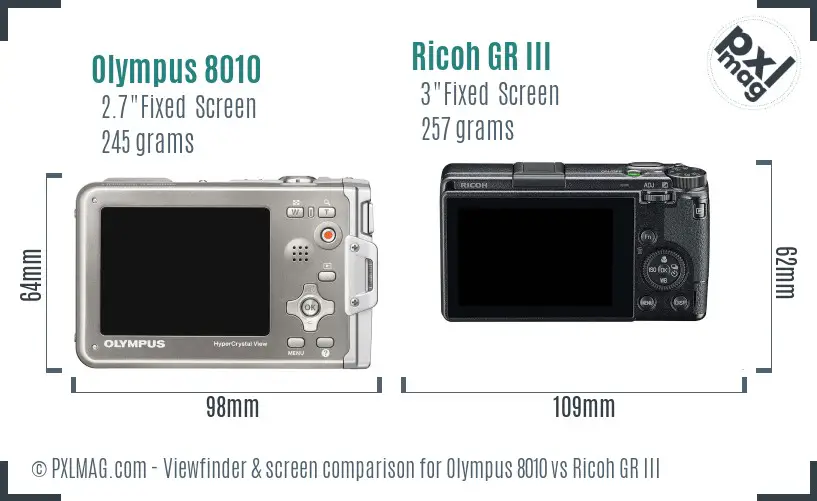 Olympus 8010 vs Ricoh GR III Screen and Viewfinder comparison