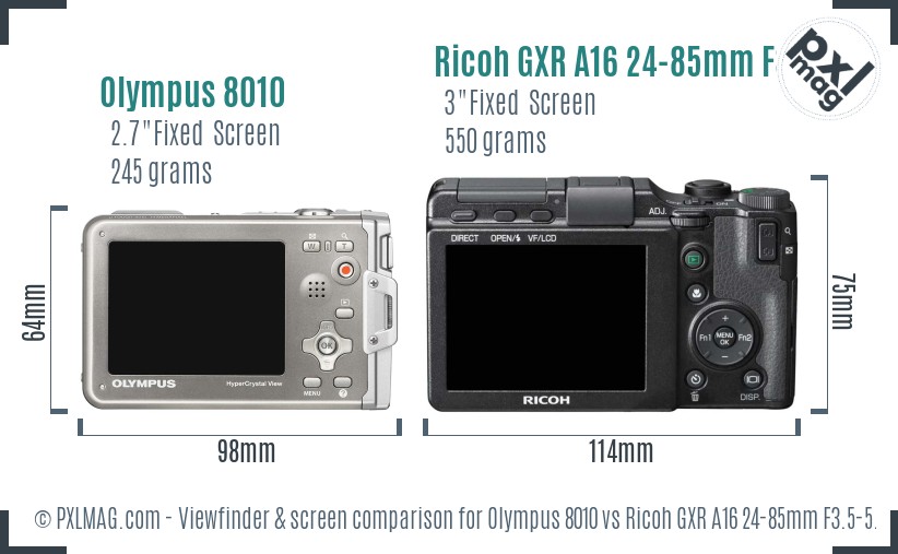 Olympus 8010 vs Ricoh GXR A16 24-85mm F3.5-5.5 Screen and Viewfinder comparison