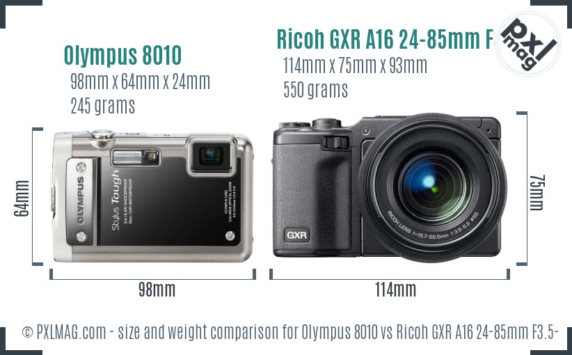 Olympus 8010 vs Ricoh GXR A16 24-85mm F3.5-5.5 size comparison