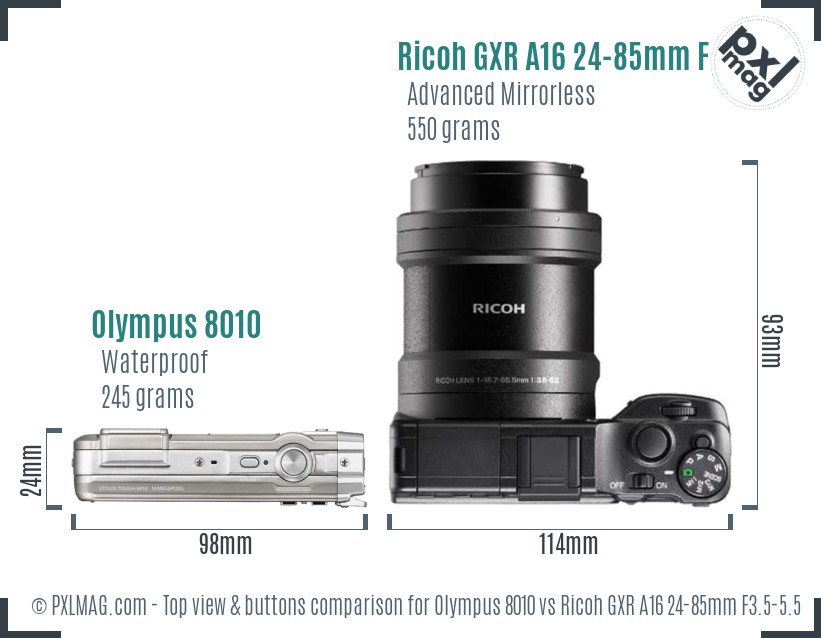Olympus 8010 vs Ricoh GXR A16 24-85mm F3.5-5.5 top view buttons comparison