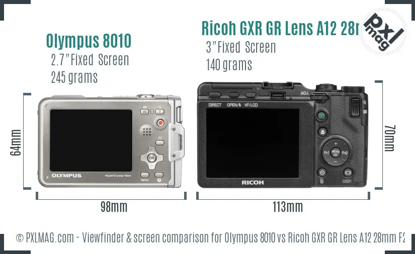 Olympus 8010 vs Ricoh GXR GR Lens A12 28mm F2.5 Screen and Viewfinder comparison