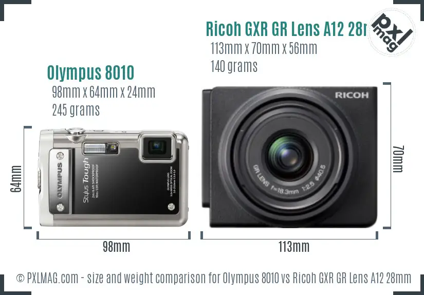 Olympus 8010 vs Ricoh GXR GR Lens A12 28mm F2.5 size comparison