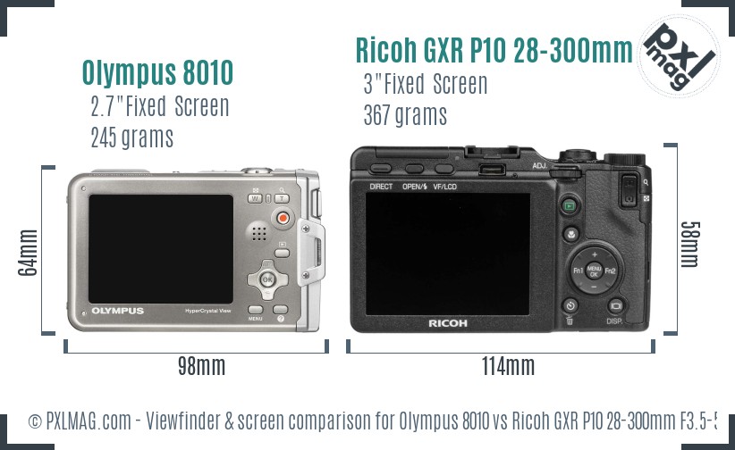 Olympus 8010 vs Ricoh GXR P10 28-300mm F3.5-5.6 VC Screen and Viewfinder comparison