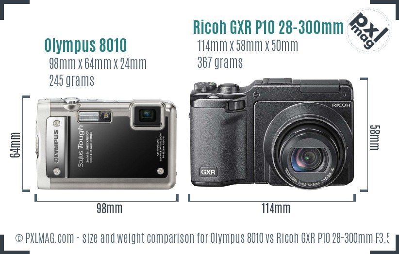 Olympus 8010 vs Ricoh GXR P10 28-300mm F3.5-5.6 VC size comparison Olympus 8010 vs Ricoh GXR P10 28-300mm F3.5-5.6 VC size comparison
