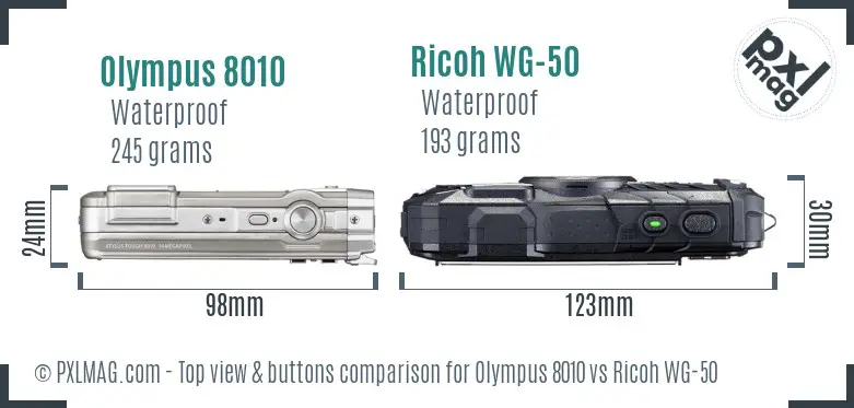 Olympus 8010 vs Ricoh WG-50 top view buttons comparison Olympus 8010 vs Ricoh WG-50 top view buttons comparison